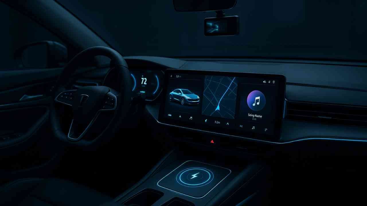 Futuristic car dashboard featuring advanced infotainment system, wireless charging, and dash cam.