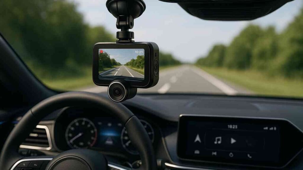 Modern dash cam mounted on car windshield for recording and security.