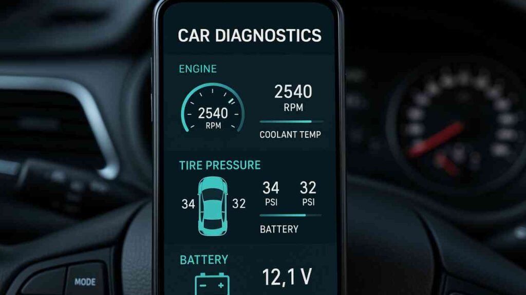 Car diagnostic tool app displaying real-time engine diagnostics and tire pressure.