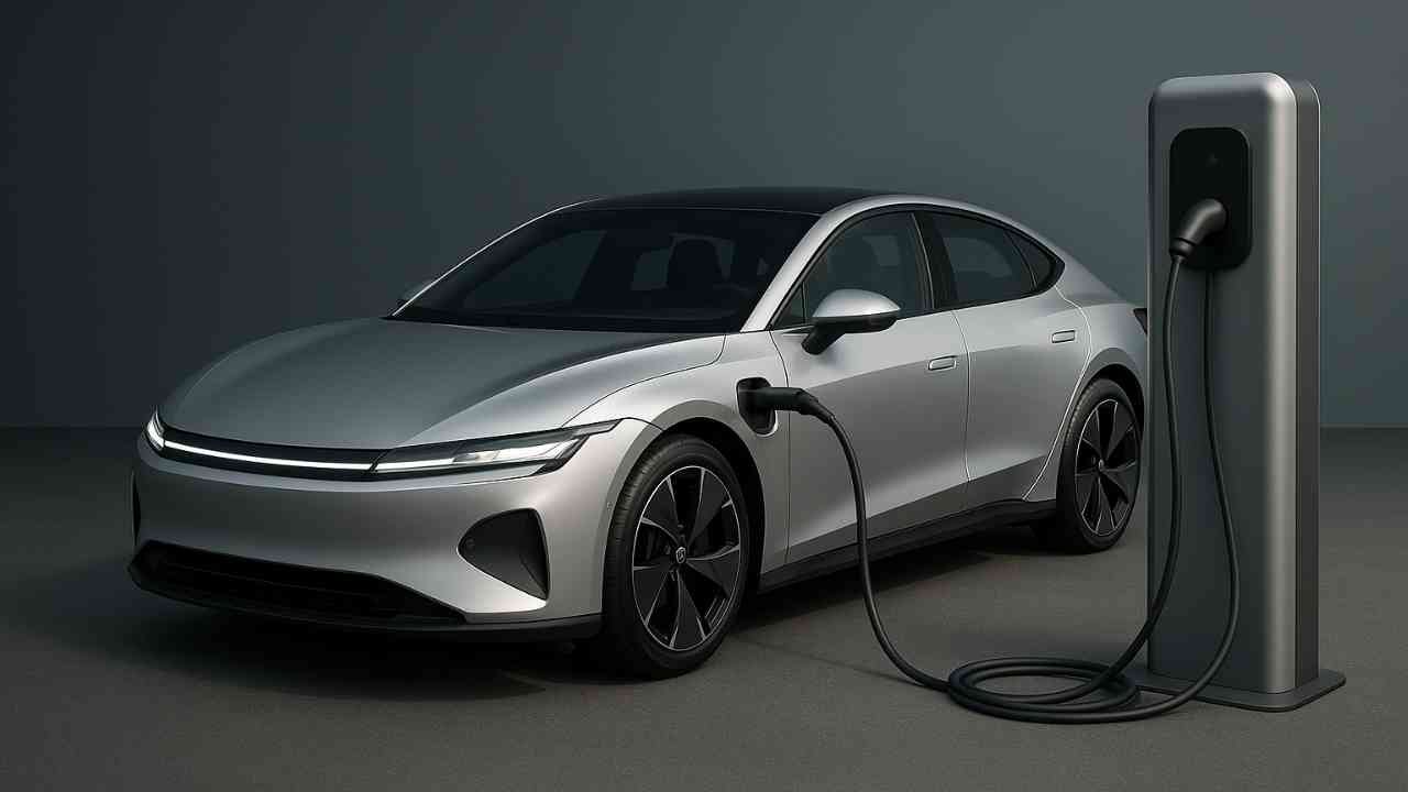 Electric vehicle charging at a futuristic station.