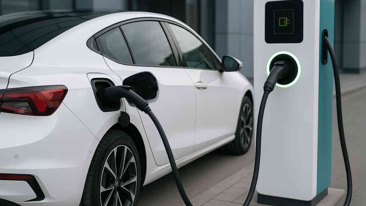 Electric car charging at a station.