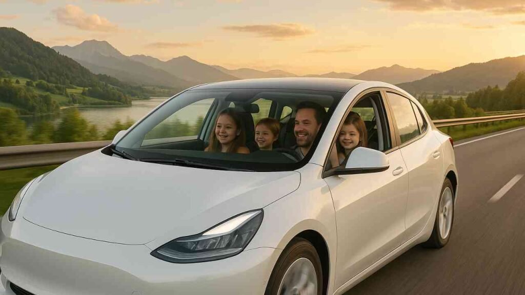 Family driving an electric car on a road trip.
