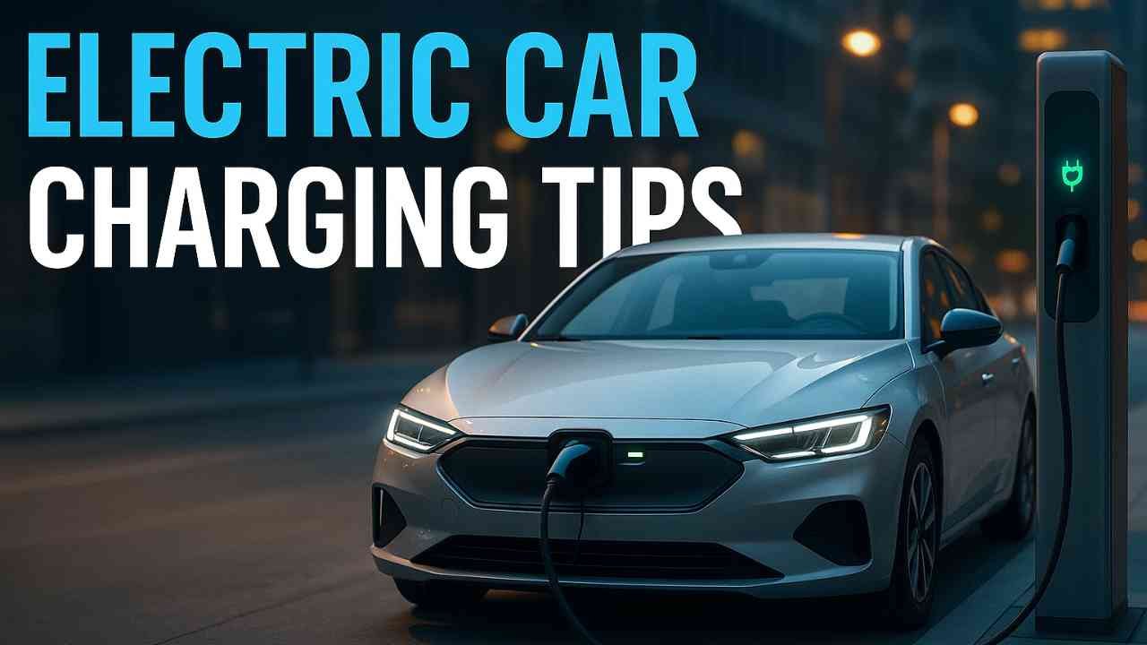 Electric car charging with modern technology and city background