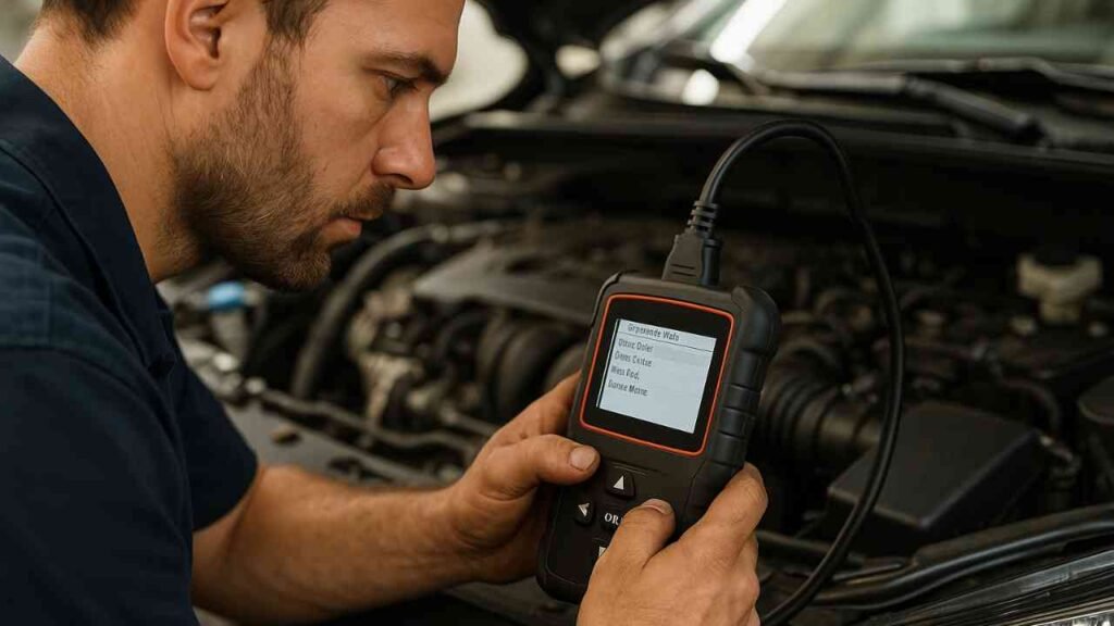 Mechanic using OBD-II scanner to diagnose car engine issue
