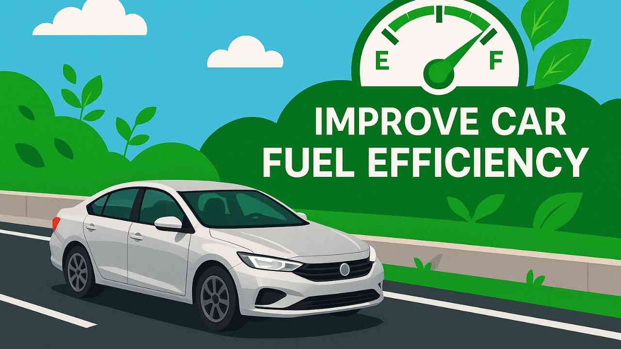 Car driving on highway with fuel efficiency icons