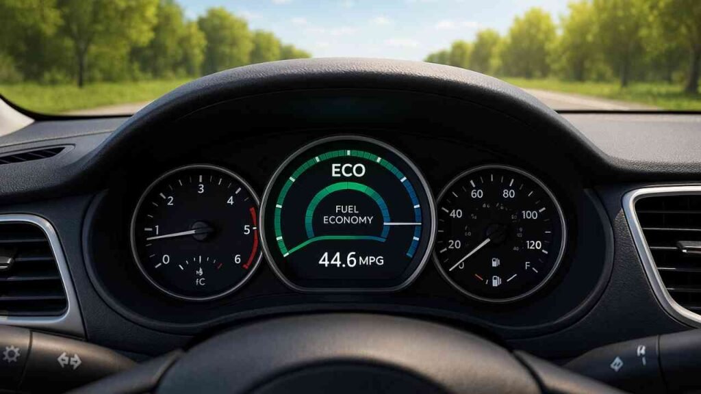Car dashboard displaying fuel efficiency indicator