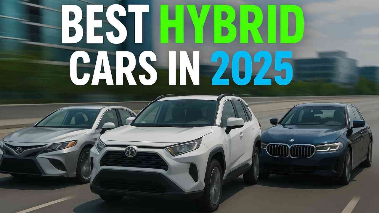Collage of best hybrid cars in 2025 with eco-friendly background