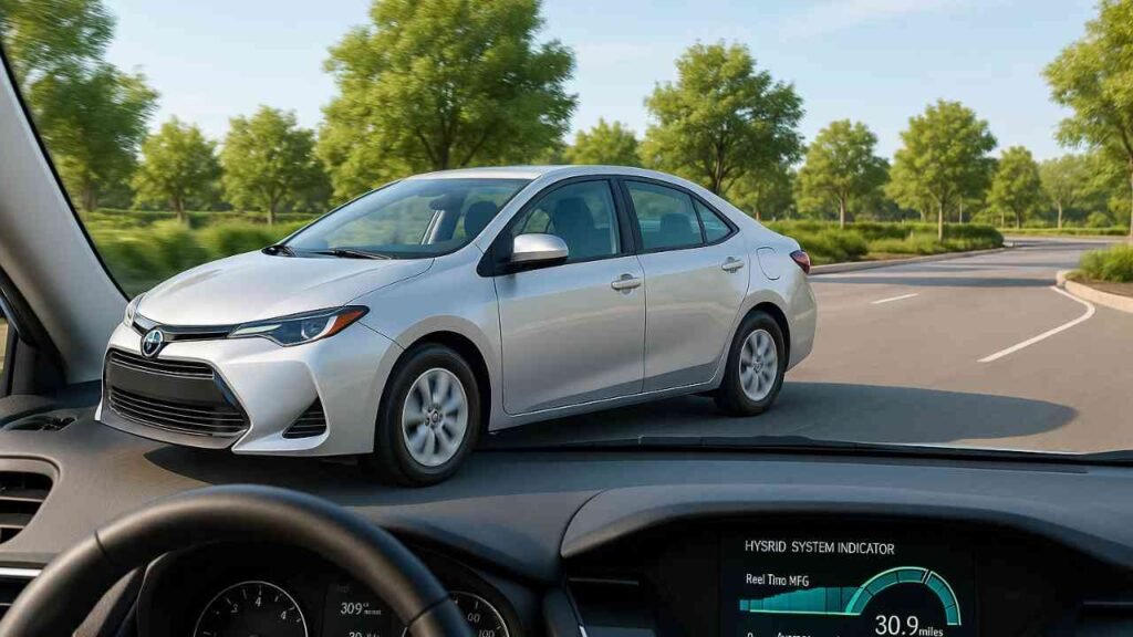 Hybrid car with modern dashboard displaying fuel economy