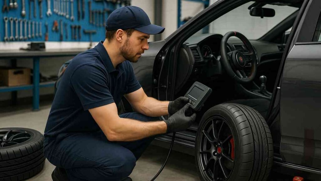 Mechanic installing performance upgrades on a car in a garage
