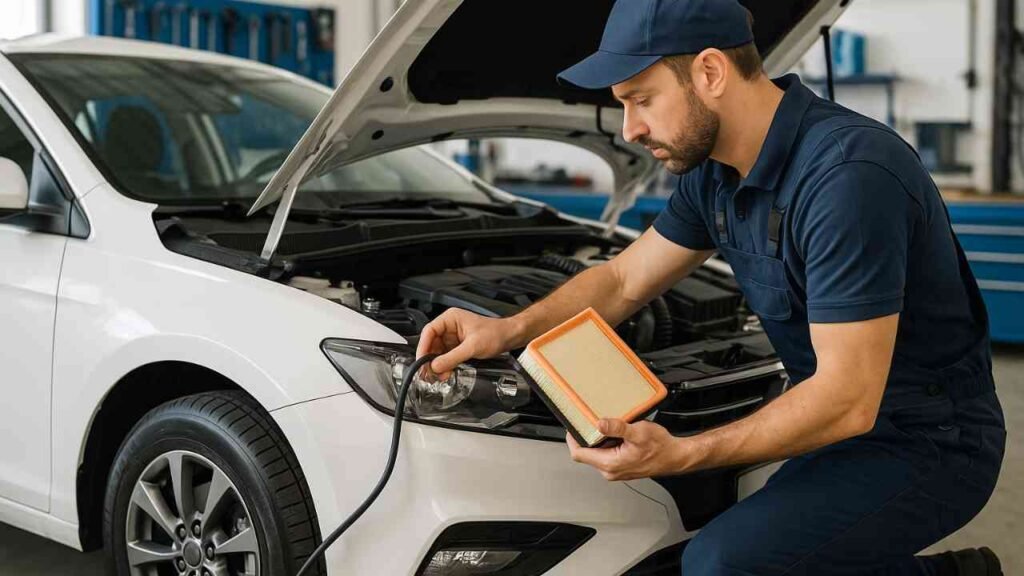 Mechanic inspecting car tire and engine for maintenance