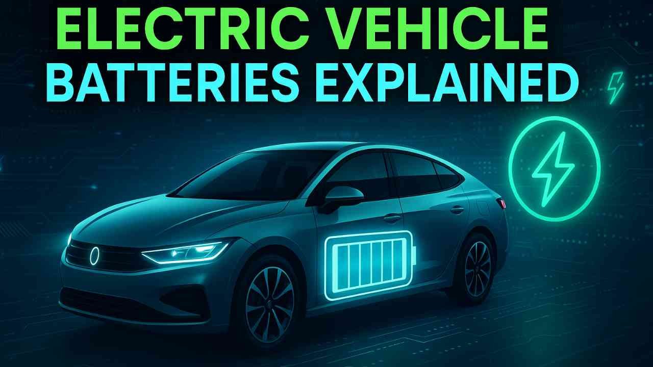 Electric vehicle with battery graphic and futuristic background