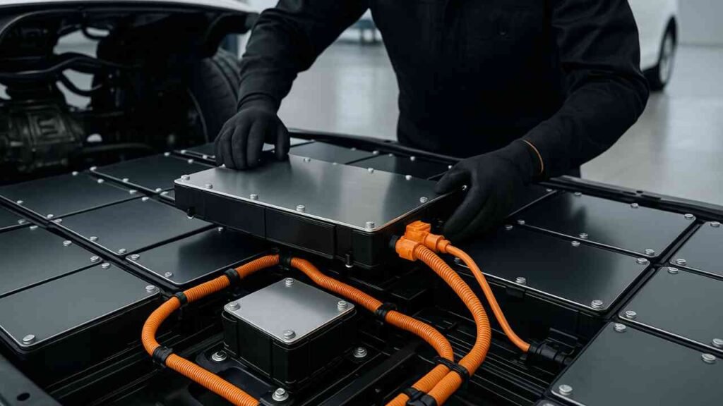 Technician inspecting electric vehicle battery pack