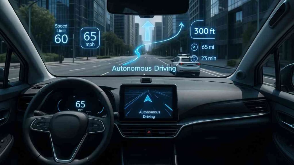 Futuristic car dashboard with augmented reality navigation and sensors
