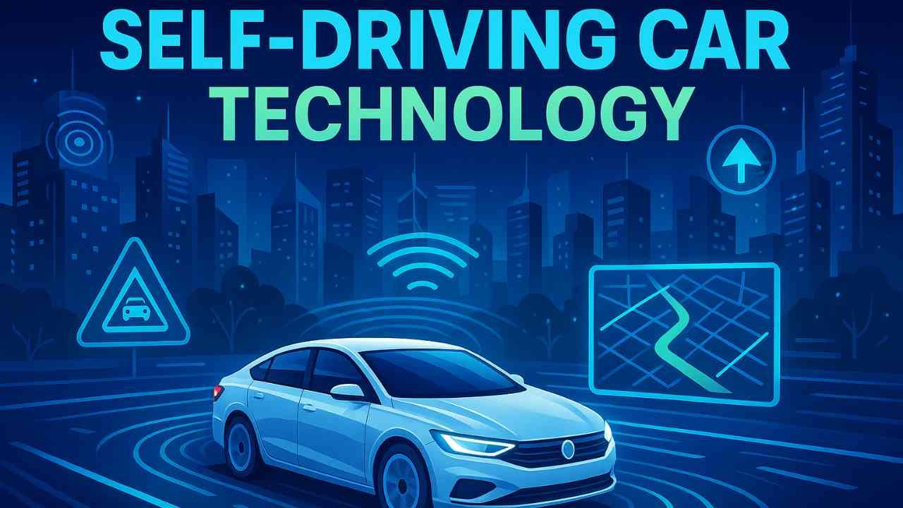 Self-driving car navigating a smart city with digital elements
