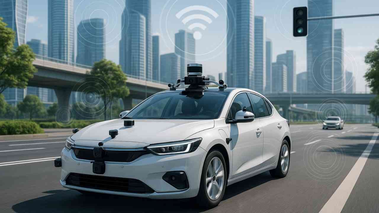 Autonomous vehicle with sensors and cameras driving through a futuristic city