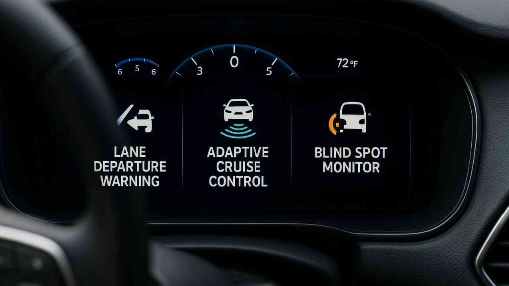 Car dashboard displaying various safety feature indicators