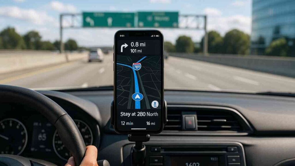 Car dashboard displaying navigation app for drivers