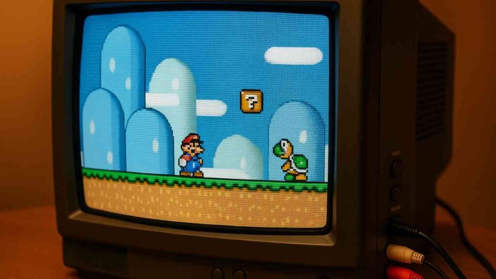 Close-up of CRT screen with visible scanlines during retro gameplay