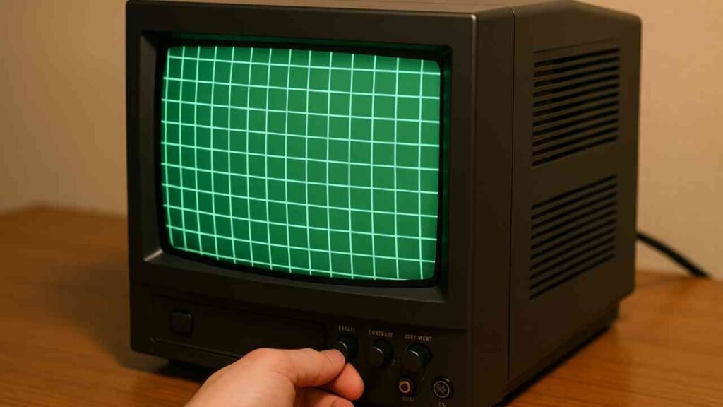 Testing a CRT TV with geometry grid and visible analog inputs