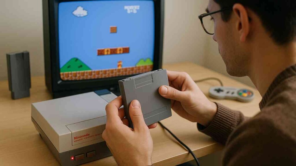 Inspecting retro console with game cartridges in a clean setup