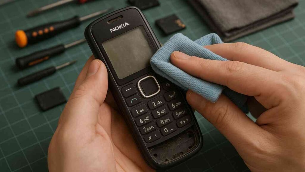 Cleaning old Nokia phone for restoration, with tools and replacement parts