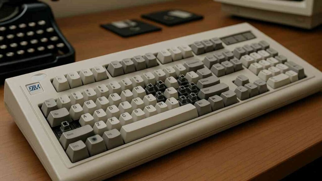 Restored IBM Model M mechanical keyboard with vintage workspace