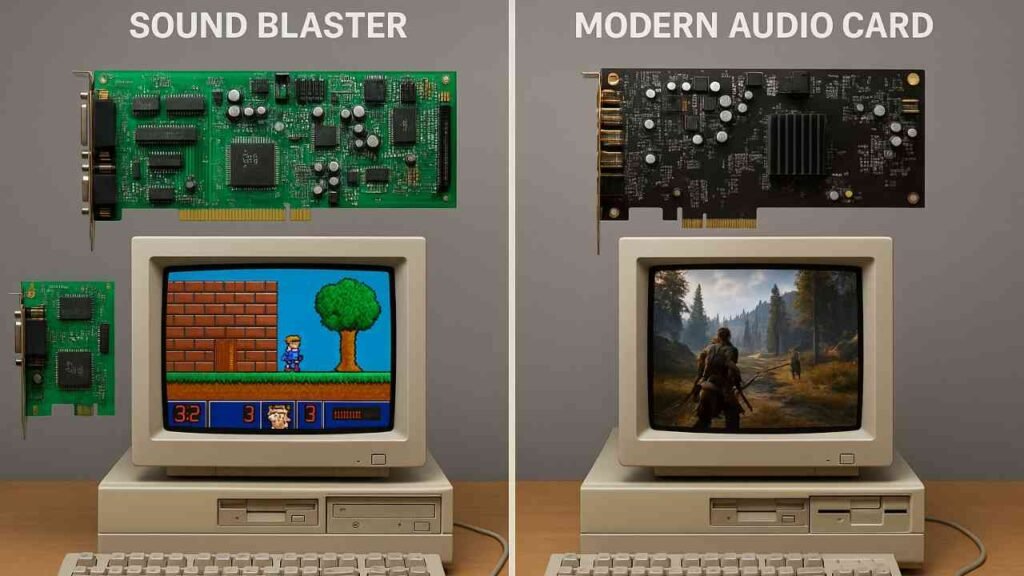 Side-by-side comparison of Sound Blaster and modern audio card in a retro gaming setup