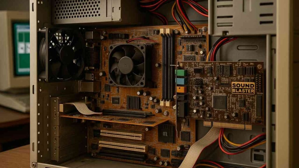 Inside view of a retro PC build for Windows 98 gaming setup