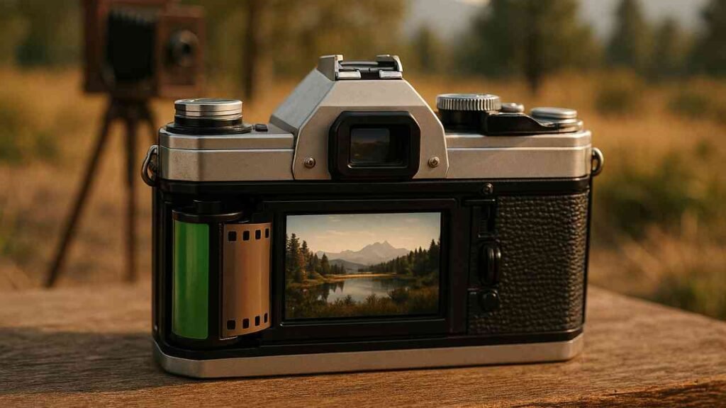 Close-up of a 35mm film camera with film roll ready for shooting